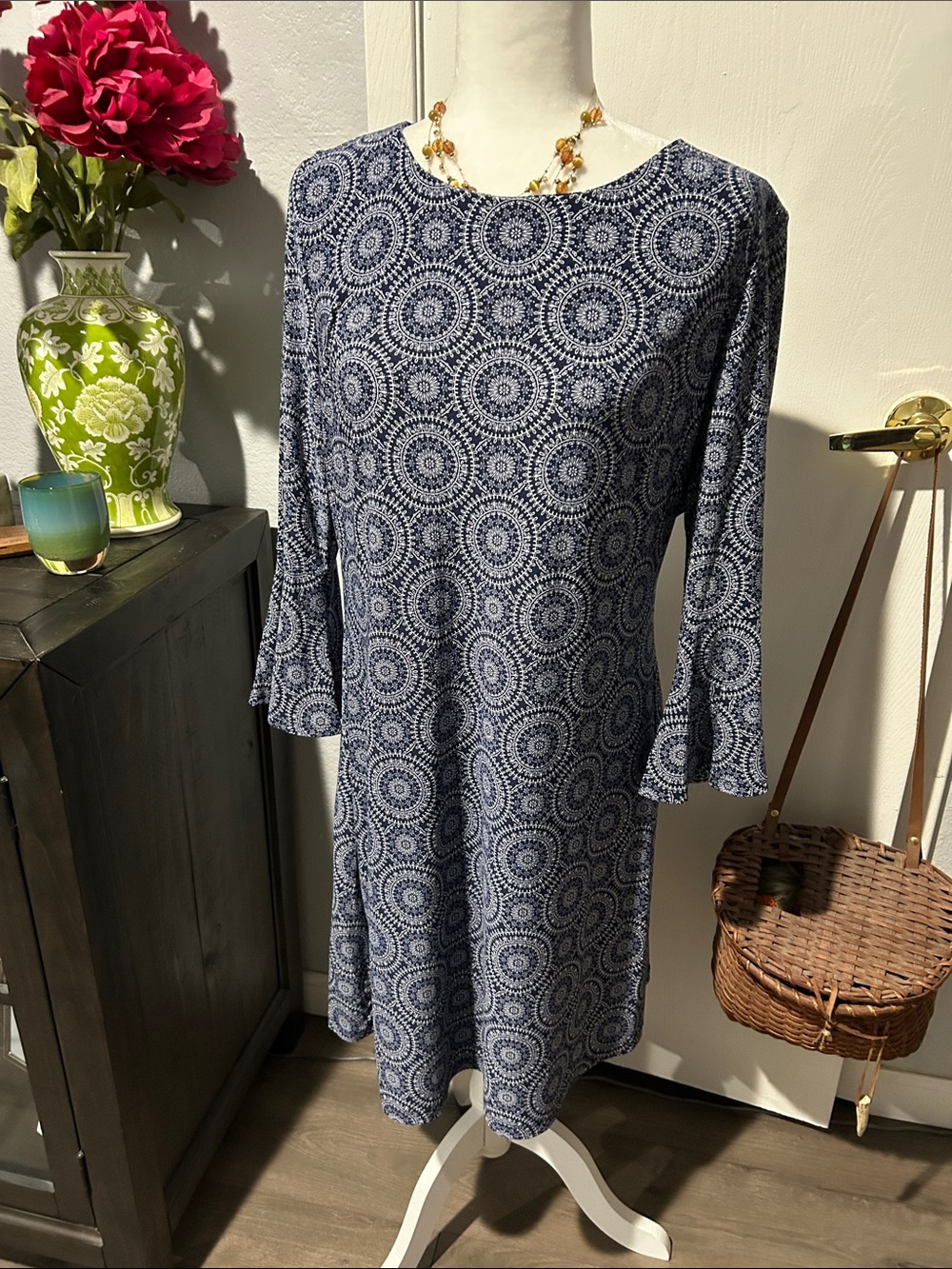 Tommy Hilfiger Navy and White Long Sleeve Printed Shift Dress